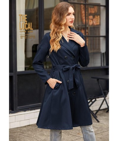 Women's Trench Coats Double-Breasted Long Coat with Belt Navy Blue $37.50 Coats