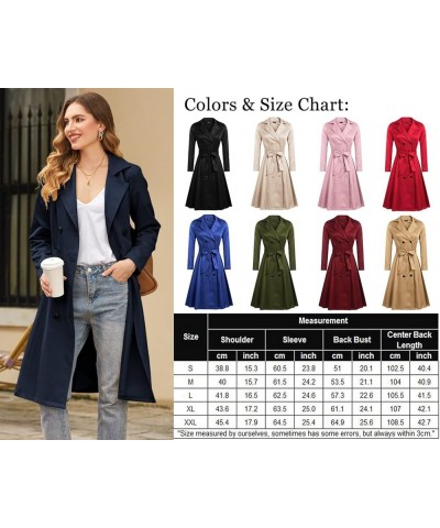 Women's Trench Coats Double-Breasted Long Coat with Belt Navy Blue $37.50 Coats