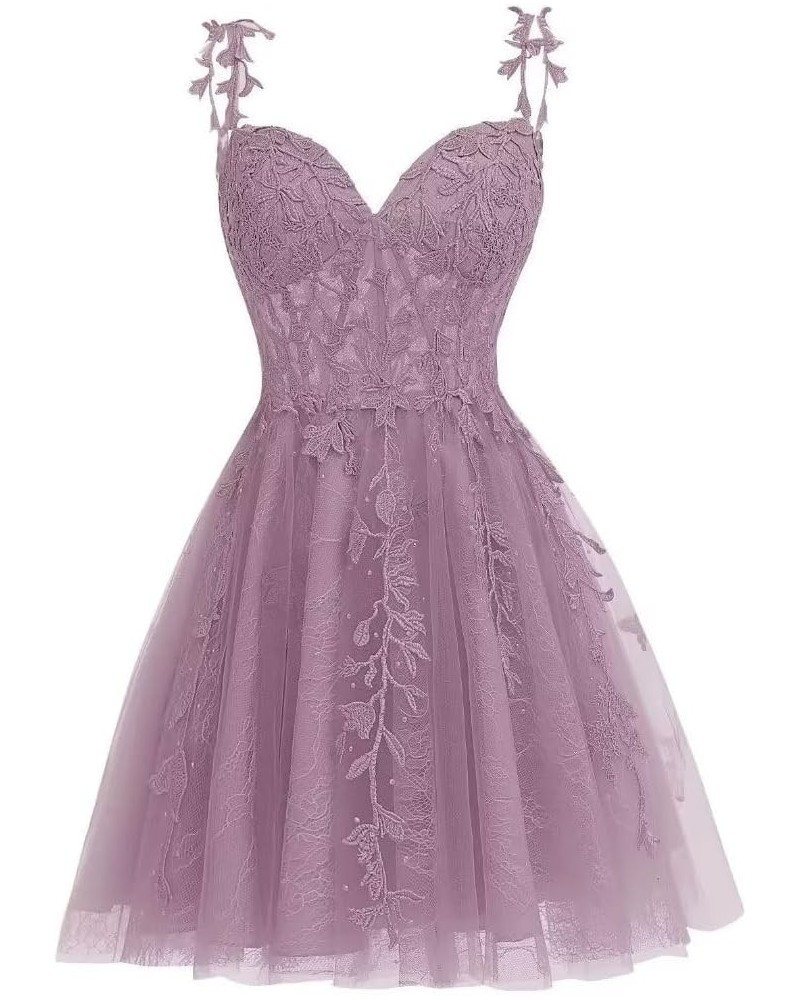 Women's Lace Applique Homecoming Dresses for Teens 2023 Tulle Short Spaghetti Straps Prom Graduation Dress Mauve $20.91 Dresses