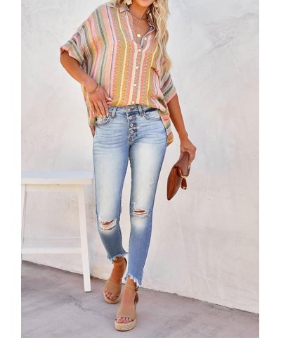 Women's Long Sleeve V-Neck Stripes Casual Blouses Pocket Button Down Shirt Tops Floral Yellow Green $7.50 Blouses