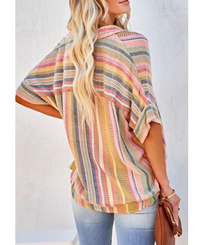 Women's Long Sleeve V-Neck Stripes Casual Blouses Pocket Button Down Shirt Tops Floral Yellow Green $7.50 Blouses