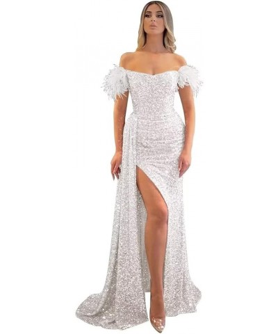 Sequin Prom Dress for Women, Mermaid Slit Feather Backless Floor-Length Evening Gowns White $40.49 Dresses