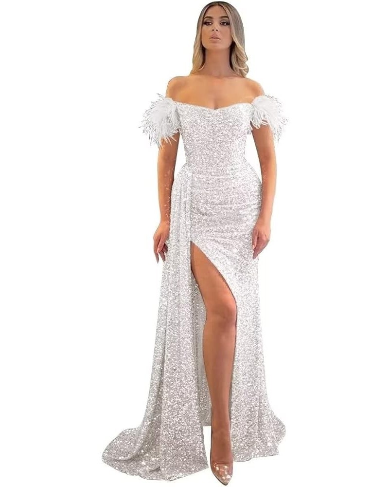 Sequin Prom Dress for Women, Mermaid Slit Feather Backless Floor-Length Evening Gowns White $40.49 Dresses