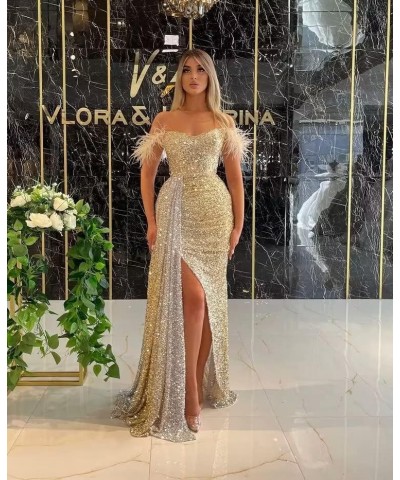 Sequin Prom Dress for Women, Mermaid Slit Feather Backless Floor-Length Evening Gowns White $40.49 Dresses