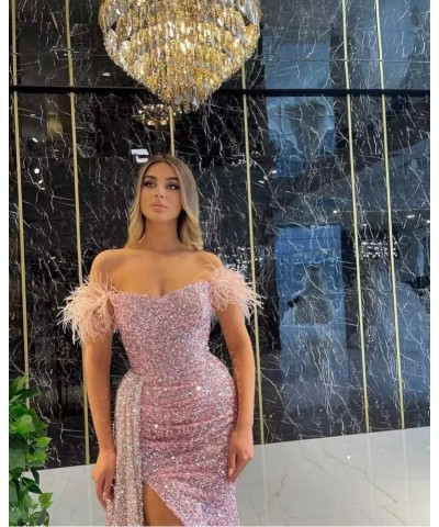 Sequin Prom Dress for Women, Mermaid Slit Feather Backless Floor-Length Evening Gowns White $40.49 Dresses