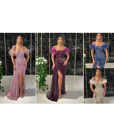 Sequin Prom Dress for Women, Mermaid Slit Feather Backless Floor-Length Evening Gowns White $40.49 Dresses