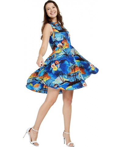 Women's Vintage Fit and Flare Dress in Classic Hibiscus Red Sunset With Dolphin, Blue $29.00 Dresses