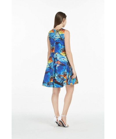 Women's Vintage Fit and Flare Dress in Classic Hibiscus Red Sunset With Dolphin, Blue $29.00 Dresses