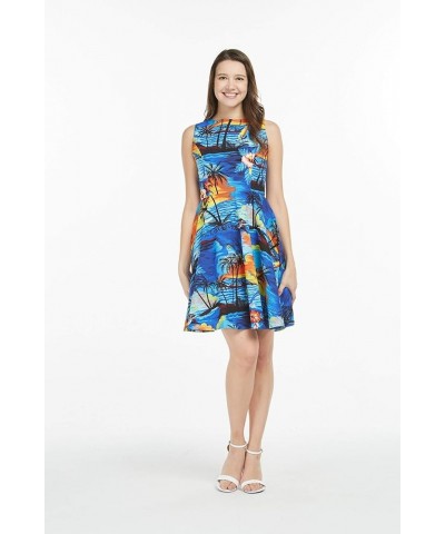 Women's Vintage Fit and Flare Dress in Classic Hibiscus Red Sunset With Dolphin, Blue $29.00 Dresses