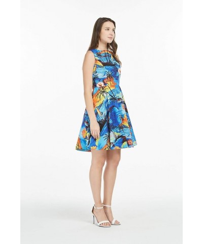 Women's Vintage Fit and Flare Dress in Classic Hibiscus Red Sunset With Dolphin, Blue $29.00 Dresses