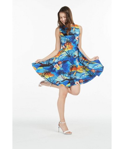 Women's Vintage Fit and Flare Dress in Classic Hibiscus Red Sunset With Dolphin, Blue $29.00 Dresses