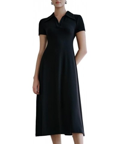 Women Short Sleeve Casual Midi Dresses V Neck Party Loose S-Line Dress Black $35.70 Dresses