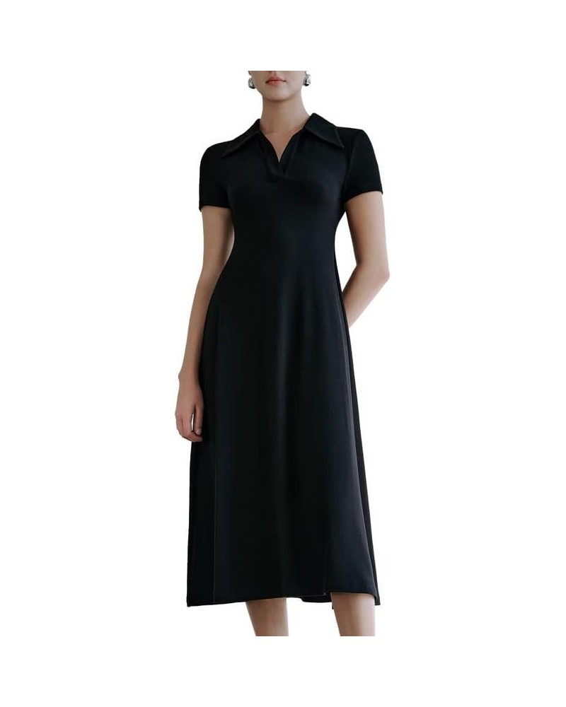 Women Short Sleeve Casual Midi Dresses V Neck Party Loose S-Line Dress Black $35.70 Dresses