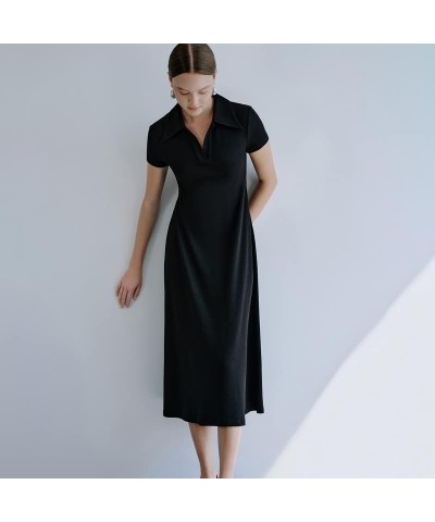 Women Short Sleeve Casual Midi Dresses V Neck Party Loose S-Line Dress Black $35.70 Dresses