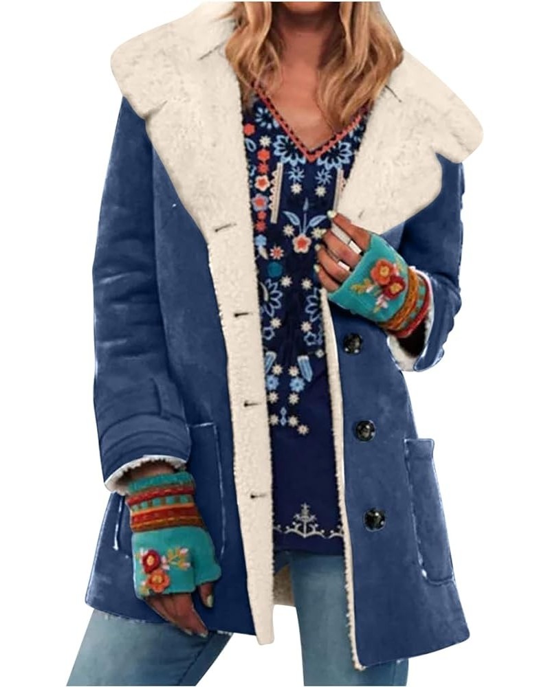 Winter Coats for Women,Fashion Warm Lapel Collar Fuzzy Fleece Coat Button Down Furry Jacket Plus Size Sherpa Coats J03✦✦navy ...