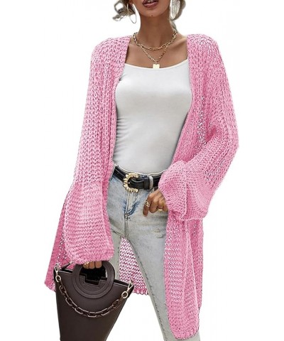 Women's Crochet Knit Cardigans Lantern Sleeve Hollow Out Boho Lightweight Sweaters Open Front Loose Outwear Pink $10.19 Sweaters