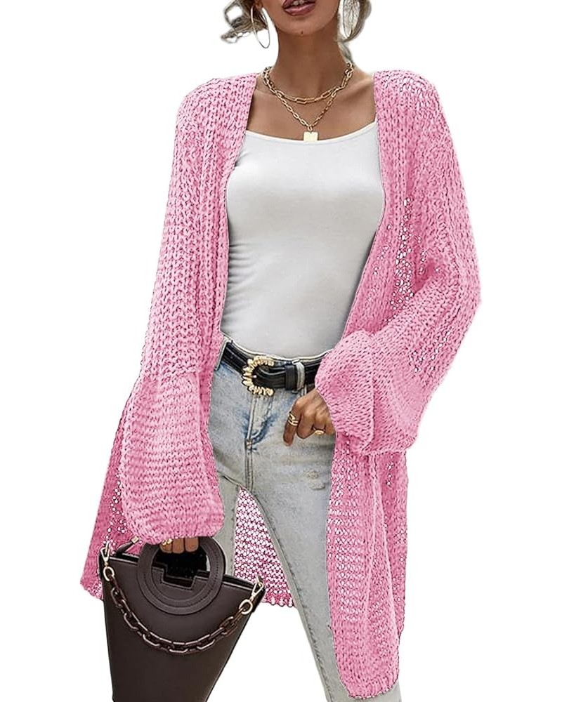 Women's Crochet Knit Cardigans Lantern Sleeve Hollow Out Boho Lightweight Sweaters Open Front Loose Outwear Pink $10.19 Sweaters