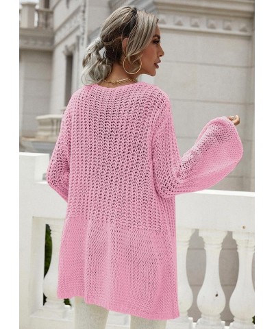 Women's Crochet Knit Cardigans Lantern Sleeve Hollow Out Boho Lightweight Sweaters Open Front Loose Outwear Pink $10.19 Sweaters