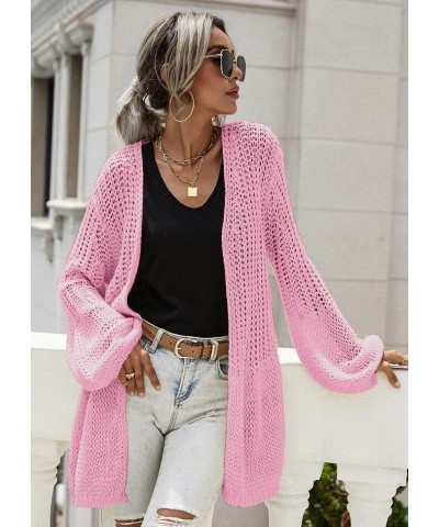 Women's Crochet Knit Cardigans Lantern Sleeve Hollow Out Boho Lightweight Sweaters Open Front Loose Outwear Pink $10.19 Sweaters