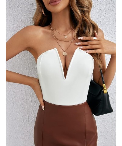 Women's Sexy V Neck Sleeveless Tube Top Bodysuit Leotard Clothing White $17.48 Bodysuits