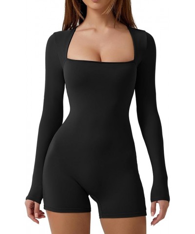 Women's Long Sleeve Bodycon Romper Stretchy Square Neck Sexy Unitard Jumpsuit Black $19.37 Jumpsuits