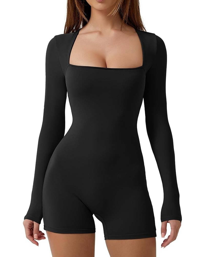 Women's Long Sleeve Bodycon Romper Stretchy Square Neck Sexy Unitard Jumpsuit Black $19.37 Jumpsuits