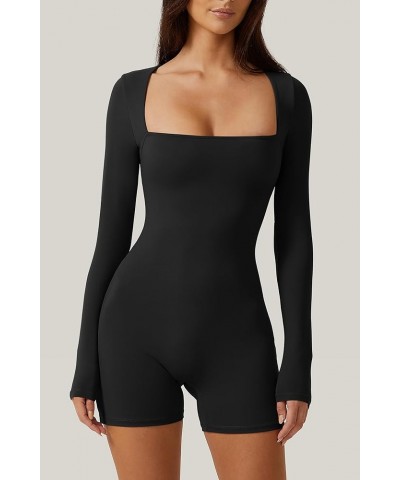 Women's Long Sleeve Bodycon Romper Stretchy Square Neck Sexy Unitard Jumpsuit Black $19.37 Jumpsuits