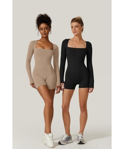 Women's Long Sleeve Bodycon Romper Stretchy Square Neck Sexy Unitard Jumpsuit Black $19.37 Jumpsuits