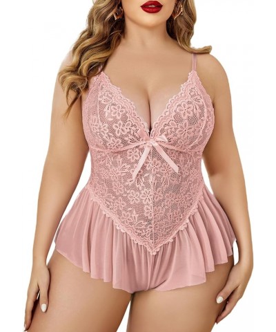 Plus Size Lingerie for Women Lace Bodysuit One Piece Teddy Babydoll Mesh Chemise V Neck Sleepwear L-5XL Dusty Pink $11.95 Lin...