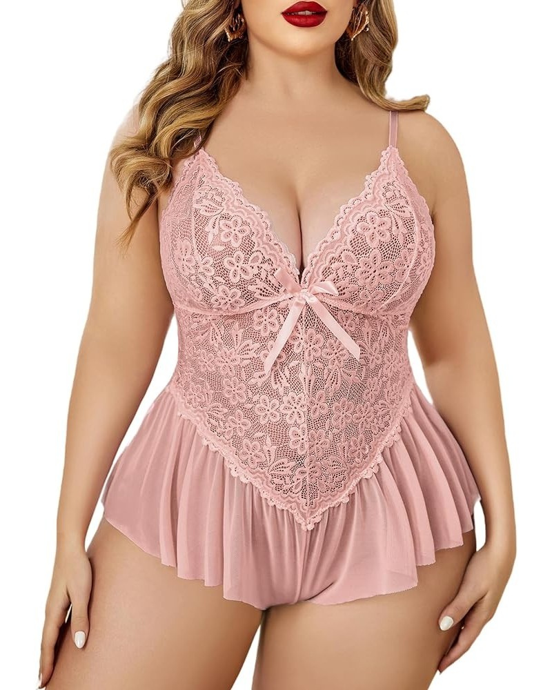 Plus Size Lingerie for Women Lace Bodysuit One Piece Teddy Babydoll Mesh Chemise V Neck Sleepwear L-5XL Dusty Pink $11.95 Lin...