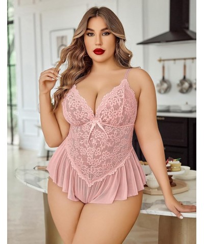 Plus Size Lingerie for Women Lace Bodysuit One Piece Teddy Babydoll Mesh Chemise V Neck Sleepwear L-5XL Dusty Pink $11.95 Lin...