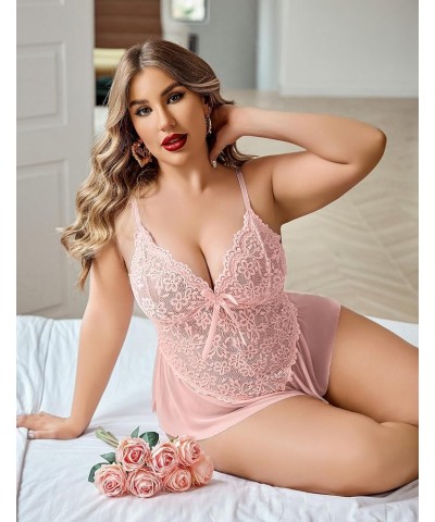 Plus Size Lingerie for Women Lace Bodysuit One Piece Teddy Babydoll Mesh Chemise V Neck Sleepwear L-5XL Dusty Pink $11.95 Lin...