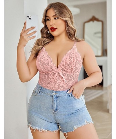 Plus Size Lingerie for Women Lace Bodysuit One Piece Teddy Babydoll Mesh Chemise V Neck Sleepwear L-5XL Dusty Pink $11.95 Lin...