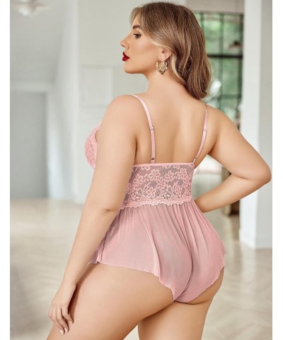 Plus Size Lingerie for Women Lace Bodysuit One Piece Teddy Babydoll Mesh Chemise V Neck Sleepwear L-5XL Dusty Pink $11.95 Lin...