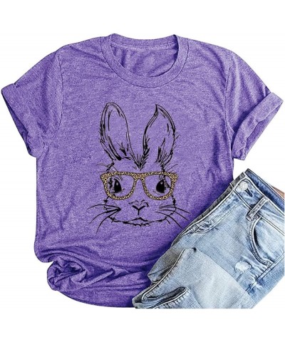 Easter Bunny Leopard Glasses T Shirts Womens Cute Funny Rabbit Graphic Tees Easter Gift Shirts Short Sleeve Casual Tops Purpl...