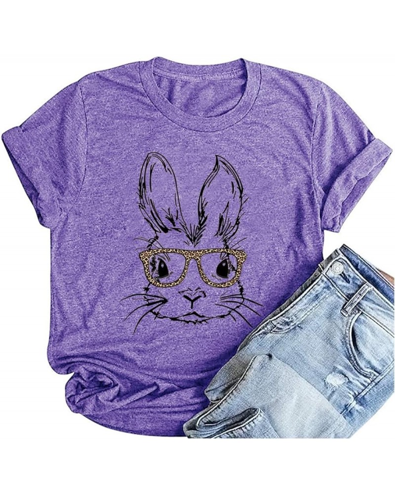 Easter Bunny Leopard Glasses T Shirts Womens Cute Funny Rabbit Graphic Tees Easter Gift Shirts Short Sleeve Casual Tops Purpl...