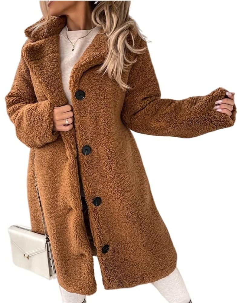 Womens Fuzzy Fleece Button Down Coats Lapel Open Front Cardigans Long Jackets Plush Overcoat Winter Warm Outwear A-brown $11....