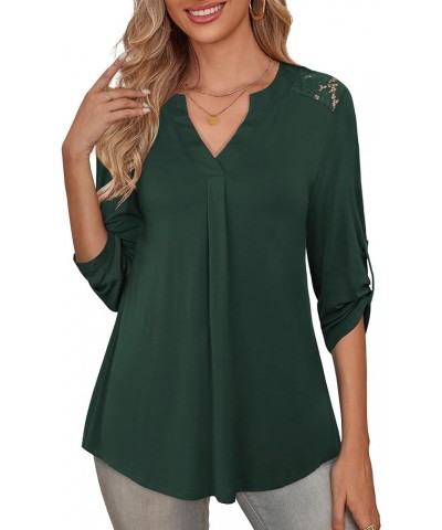 Women's Plus Size Tops Casual Blouse Short Sleeve Lace Pleated Tunic Tops M-4XL B04-dark Green-3/4 Sleeve $13.44 Tops