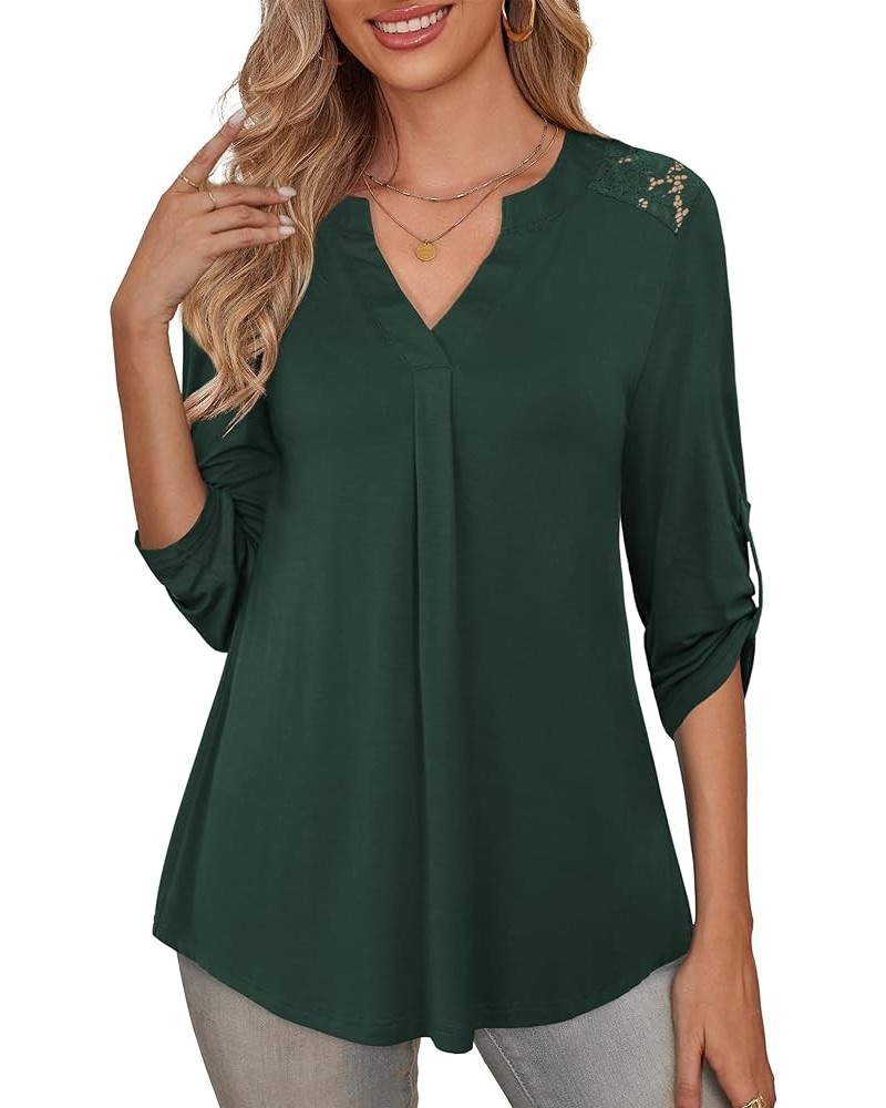 Women's Plus Size Tops Casual Blouse Short Sleeve Lace Pleated Tunic Tops M-4XL B04-dark Green-3/4 Sleeve $13.44 Tops