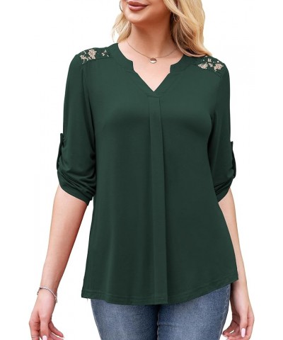 Women's Plus Size Tops Casual Blouse Short Sleeve Lace Pleated Tunic Tops M-4XL B04-dark Green-3/4 Sleeve $13.44 Tops