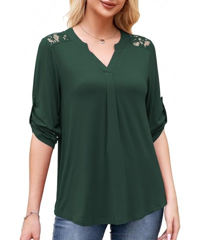 Women's Plus Size Tops Casual Blouse Short Sleeve Lace Pleated Tunic Tops M-4XL B04-dark Green-3/4 Sleeve $13.44 Tops