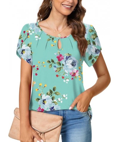 Women's Casual Summer Tunic Tops Pleated Petal Cap Short Sleeve Shirts Round Neck Keyhole Blouse T-Shirts Mint Green $11.79 Tops