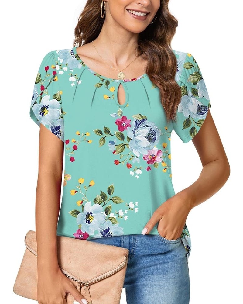 Women's Casual Summer Tunic Tops Pleated Petal Cap Short Sleeve Shirts Round Neck Keyhole Blouse T-Shirts Mint Green $11.79 Tops