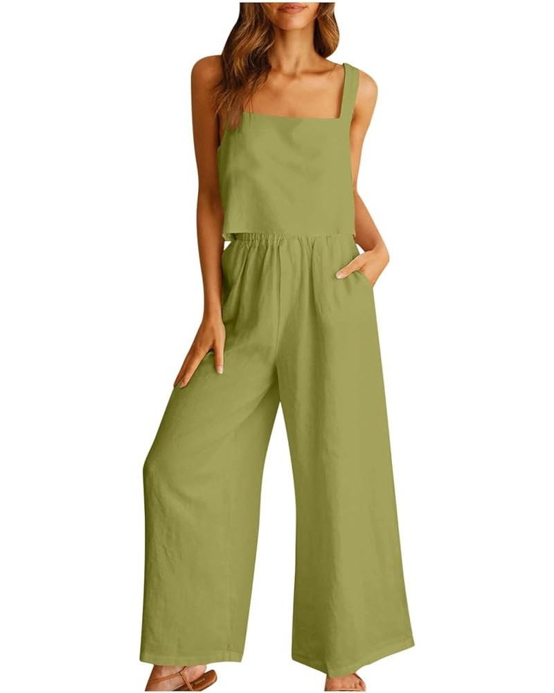 Womens Summer Linen Sets 2 Piece Outfits Square Neck Cami Top Wide Leg Pants and Crop Top Lounge Set Green Crop Top and Pant ...