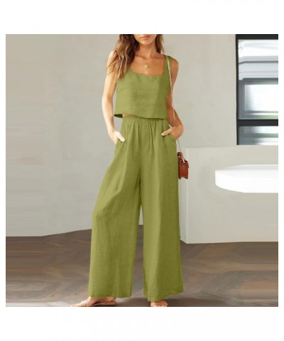 Womens Summer Linen Sets 2 Piece Outfits Square Neck Cami Top Wide Leg Pants and Crop Top Lounge Set Green Crop Top and Pant ...