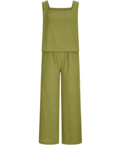 Womens Summer Linen Sets 2 Piece Outfits Square Neck Cami Top Wide Leg Pants and Crop Top Lounge Set Green Crop Top and Pant ...