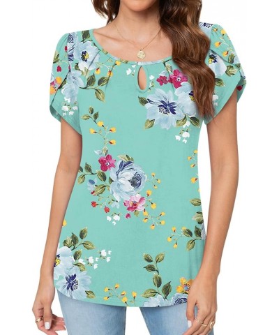 Women's Casual Summer Tunic Tops Pleated Petal Cap Short Sleeve Shirts Round Neck Keyhole Blouse T-Shirts Mint Green $11.79 Tops