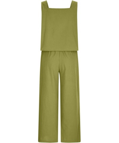 Womens Summer Linen Sets 2 Piece Outfits Square Neck Cami Top Wide Leg Pants and Crop Top Lounge Set Green Crop Top and Pant ...