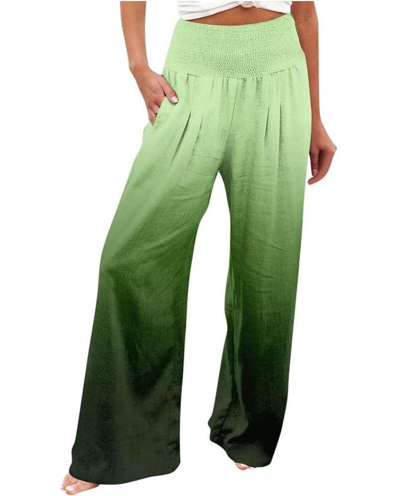 Cotton Linen Pants Womens Summer Wide Leg Elastic High Waisted Baggy Pants Casual Yoga Pants Trousers with Pocket A74-green $...