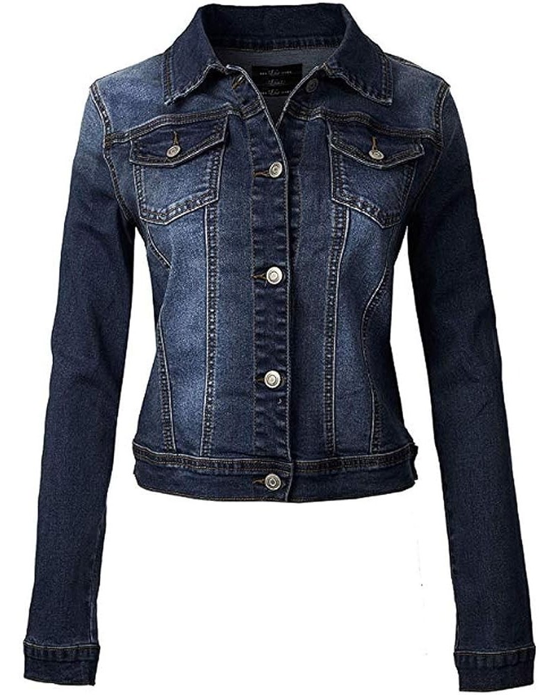 Women's Classic Casual Stretch Fabric Denim Jean Jacket Dark Blue $14.88 Jackets